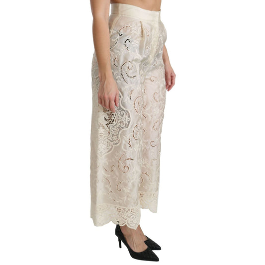 Dolce & Gabbana Cream Lace High Waist Palazzo Cropped Pants PAN70873-44