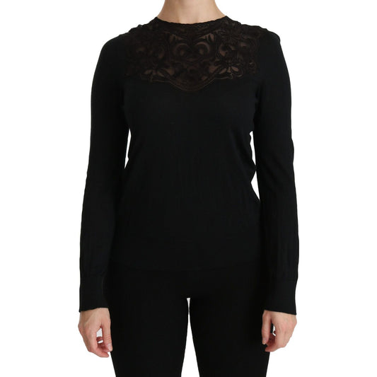 Dolce & Gabbana Black Silk Lace Crew Neck Long Sleeve Blouse TSH4245-40