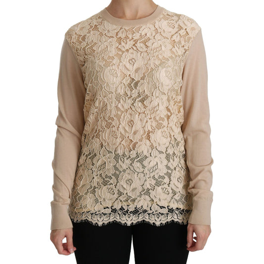 Dolce & Gabbana Beige Lace Long Sleeve Top Cashmere Blouse TSH4250-38