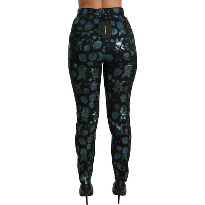 Dolce & Gabbana Blue Green Floral Metallic Slim Pants
