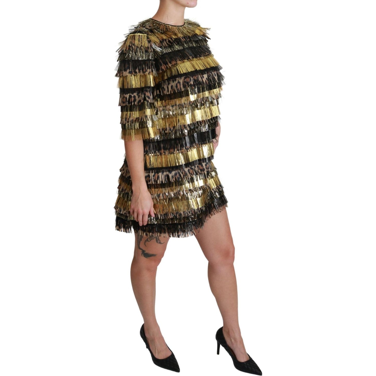 Dolce & Gabbana Polyester Black Gold Leopard Shift Mini Dress