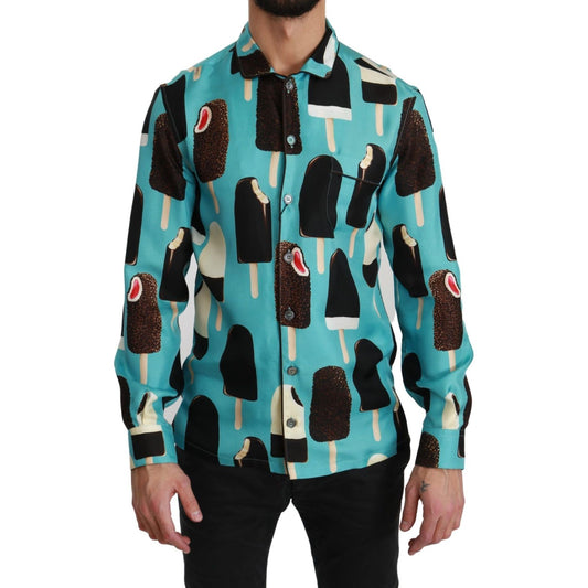 Dolce & Gabbana Blue Silk Ice Cream Print Casual Shirt TSH4481-37