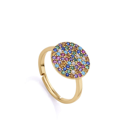 Multicolor gemstone ring with gold band, ideal for women's fashion, featuring vibrant stones set in a circular design.