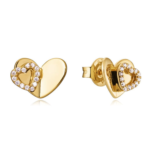 Gold heart-shaped earrings with diamond accents, elegant jewelry piece for women. Ideal gift for special occasions.