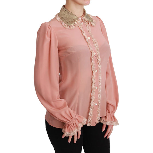 Dolce & Gabbana Pink Silk Gold Sequin Lace Blouse Shirt TSH4663-44