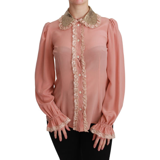 Dolce & Gabbana Pink Silk Gold Sequin Lace Blouse Shirt TSH4663-44