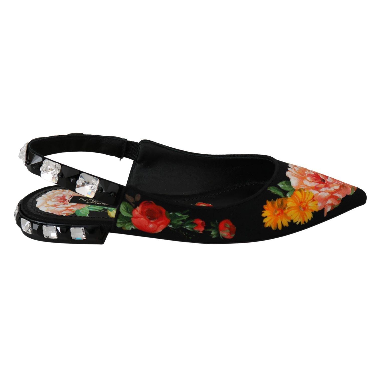 Dolce & Gabbana Black Floral Crystal Slingbacks Flats Shoes