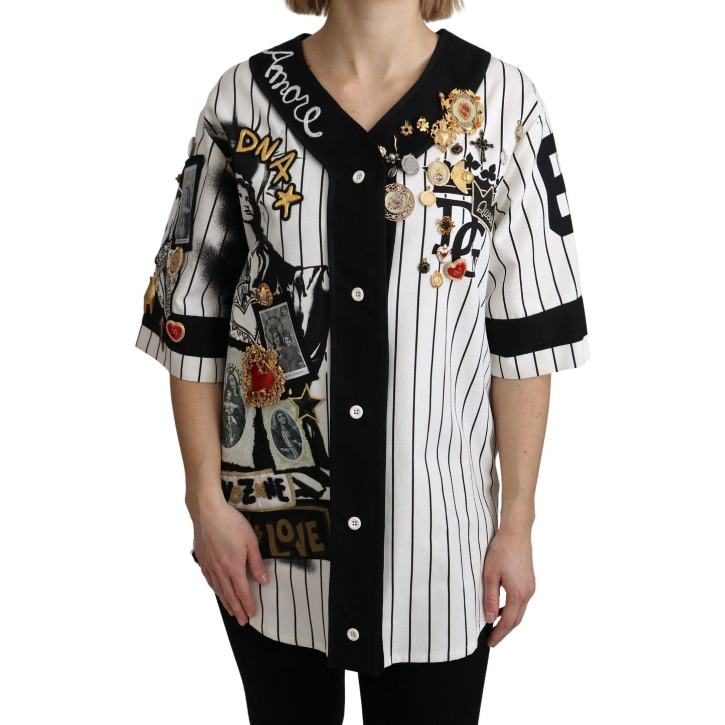 Dolce & Gabbana White and black Blouse Cotton Crystal Charms Amore Shirt