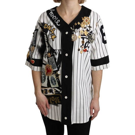 Dolce & Gabbana White and black Blouse Cotton Crystal Charms Amore Shirt TSH4848-36