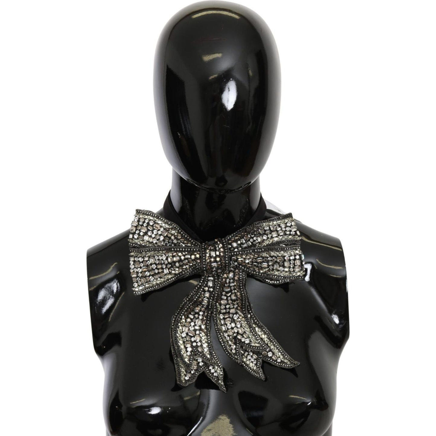 Dolce & Gabbana Silver Crystal Beaded Sequined 100% Silk Catwalk Necklace Bowtie SMY100310