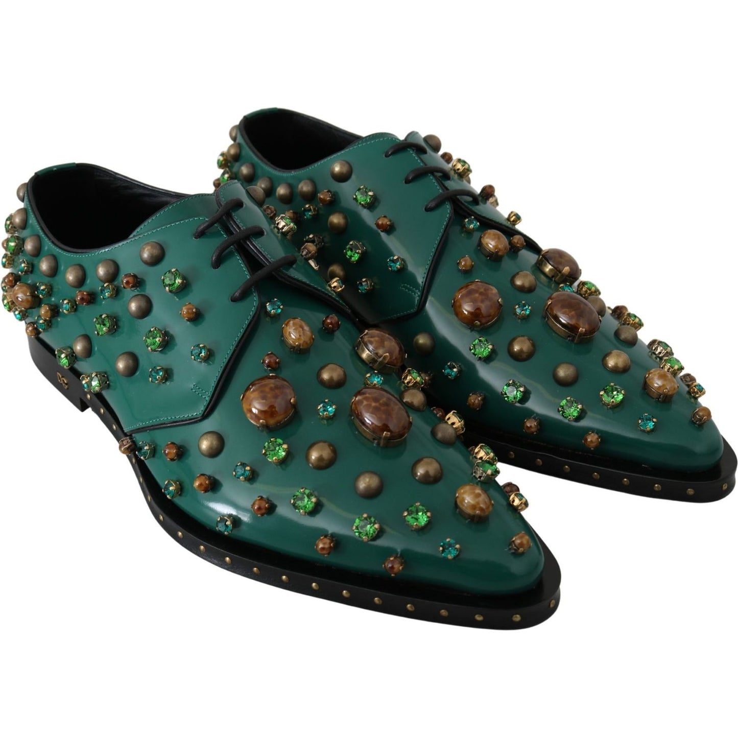 Dolce & Gabbana Green Leather Crystal Dress Broque Shoes LA7212-41