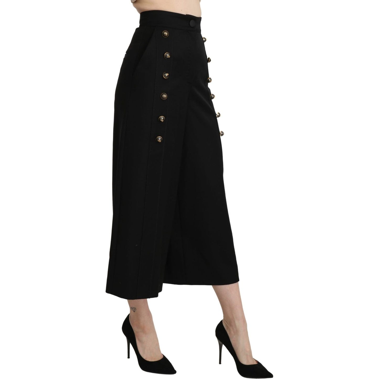 Dolce & Gabbana Black Wide Wool Leg Cropped Trouser Pant Jeans & Pants