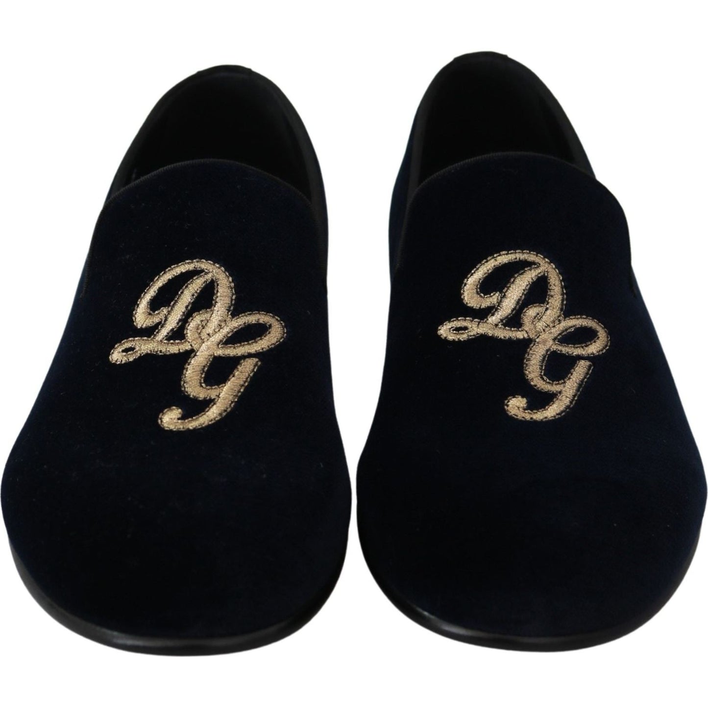Dolce & Gabbana Blue Velvet Gold Logo Slipper Loafers Shoes MV3487-39.5