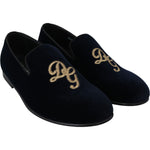 Dolce & Gabbana Blue Velvet Gold Logo Slipper Loafers Shoes MV3487-39.5