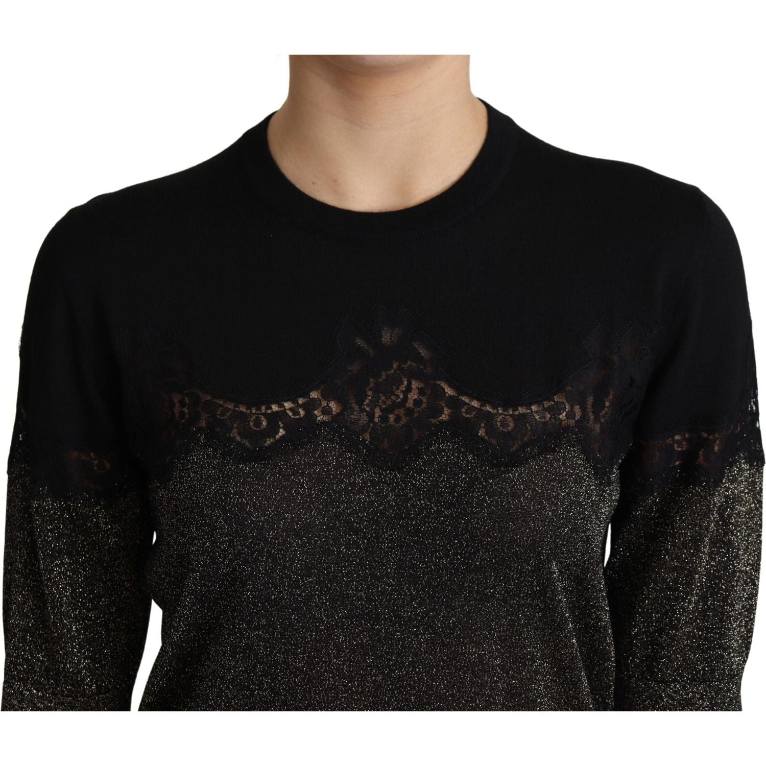 Dolce & Gabbana Black Shiny Lurex Lace Insert Pullover Top