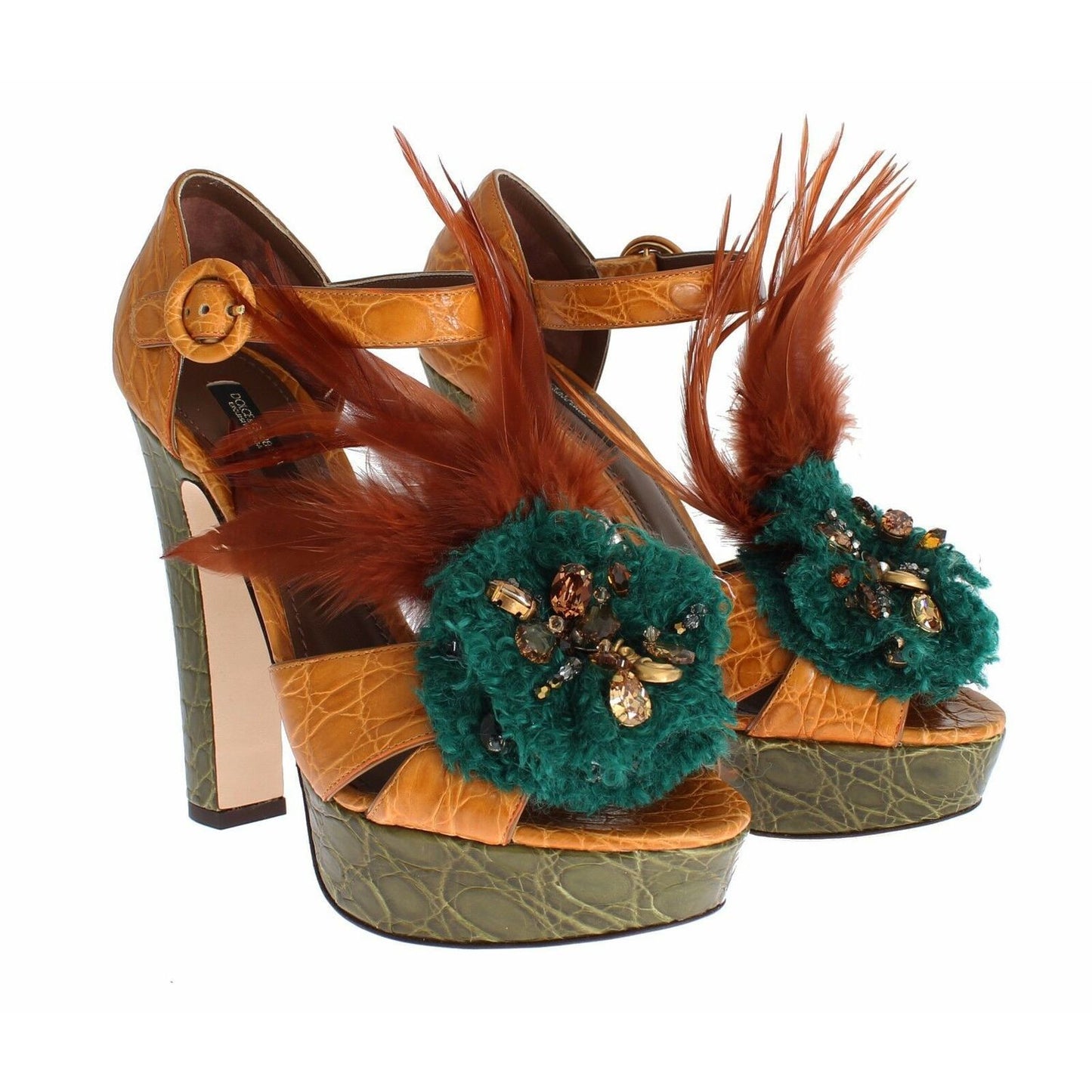 Dolce & Gabbana Orange Leather Crystal Platform Sandal Shoes