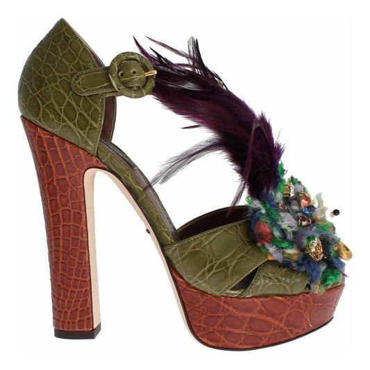 Dolce & Gabbana Green Leather Crystal Platform Sandal Shoes LA1118-35