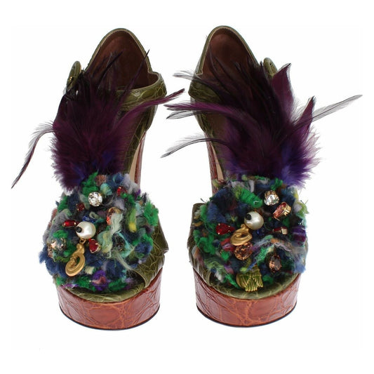 Dolce & Gabbana Green Leather Crystal Platform Sandal Shoes LA1118-35