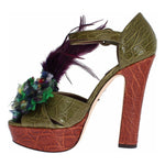 Dolce & Gabbana Green Leather Crystal Platform Sandal Shoes LA1118-35