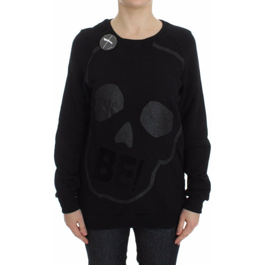 Exte Black Cotton Motive Print Crewneck Pullover Sweater DRE10079-40