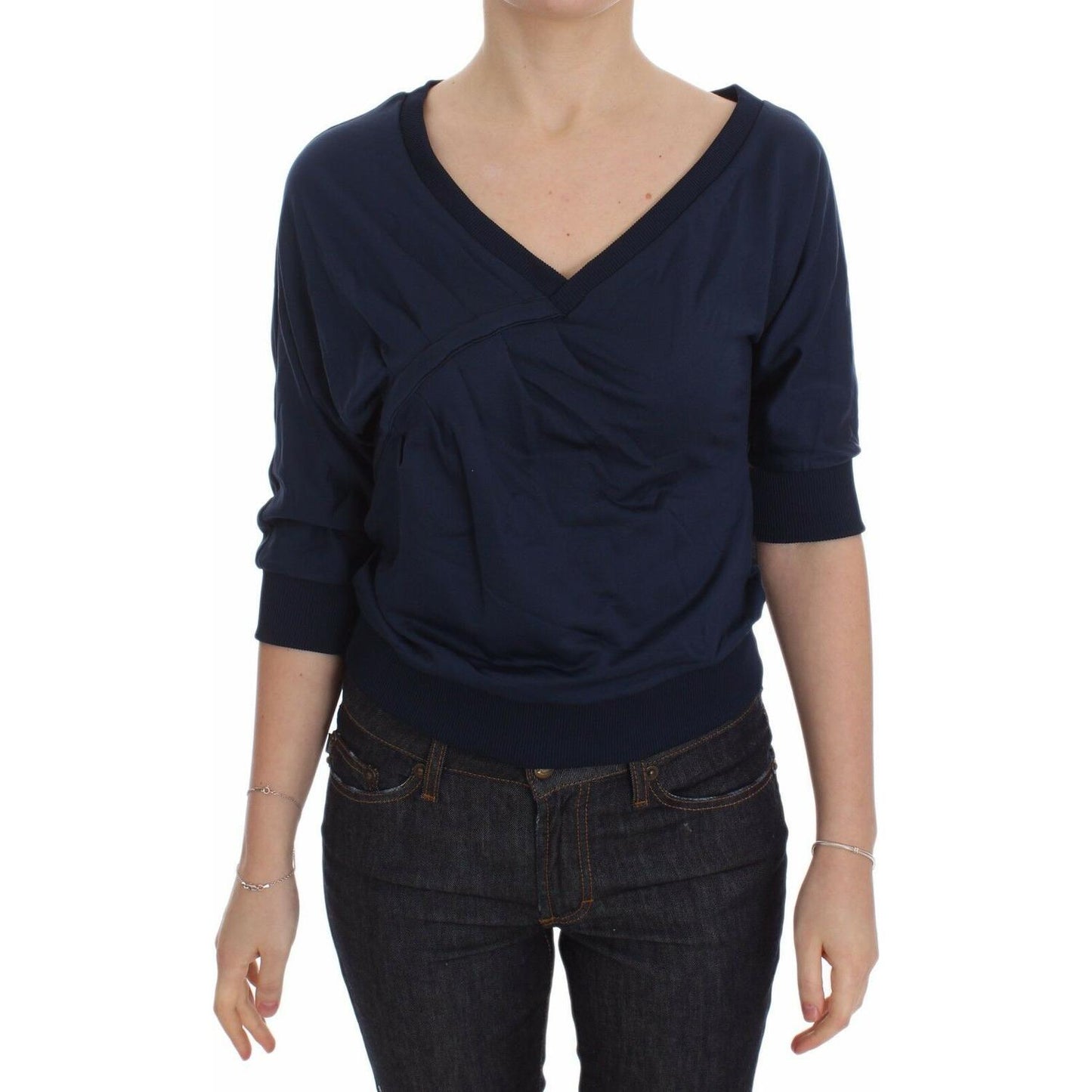 Exte Blue Cotton Top Pullover Deep V-neck Women Sweater DRE10077-40