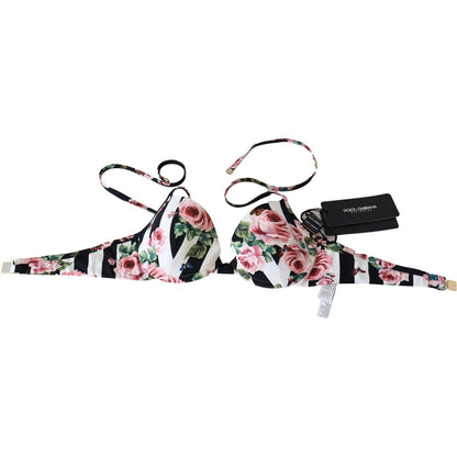 Dolce & Gabbana Multicolor Striped Rose Print Swimwear Bikini Tops