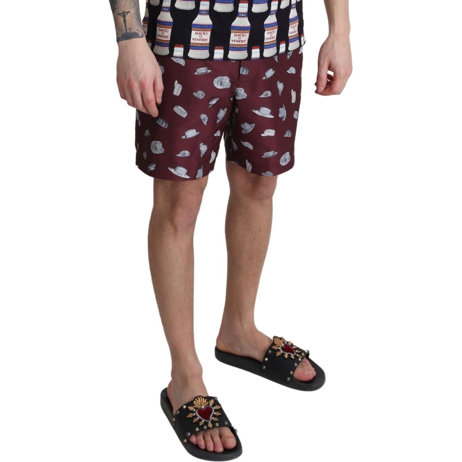 Dolce & Gabbana Maroon Hats Print Beachwear Shorts Swimwear