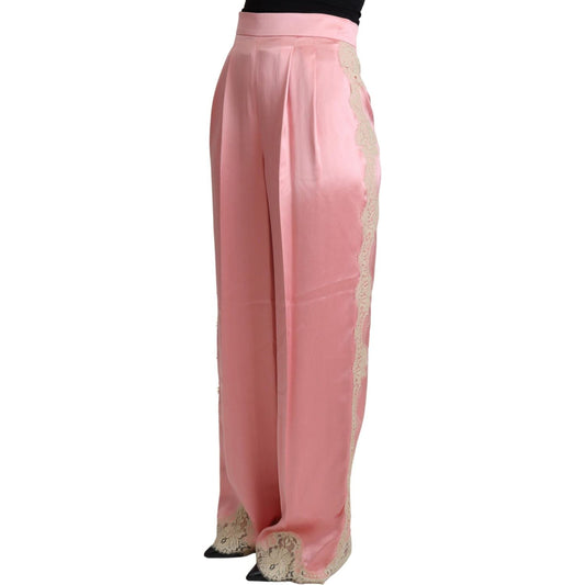 Dolce & Gabbana Pink Lace Trimmed Silk Satin Wide Legs Pants PAN71871-38
