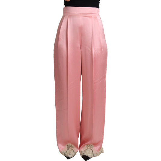 Dolce & Gabbana Pink Lace Trimmed Silk Satin Wide Legs Pants PAN71871-38