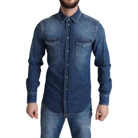 Dolce & Gabbana Blue Cotton Stretch Long Sleeves Denim Shirt TSH6194-38