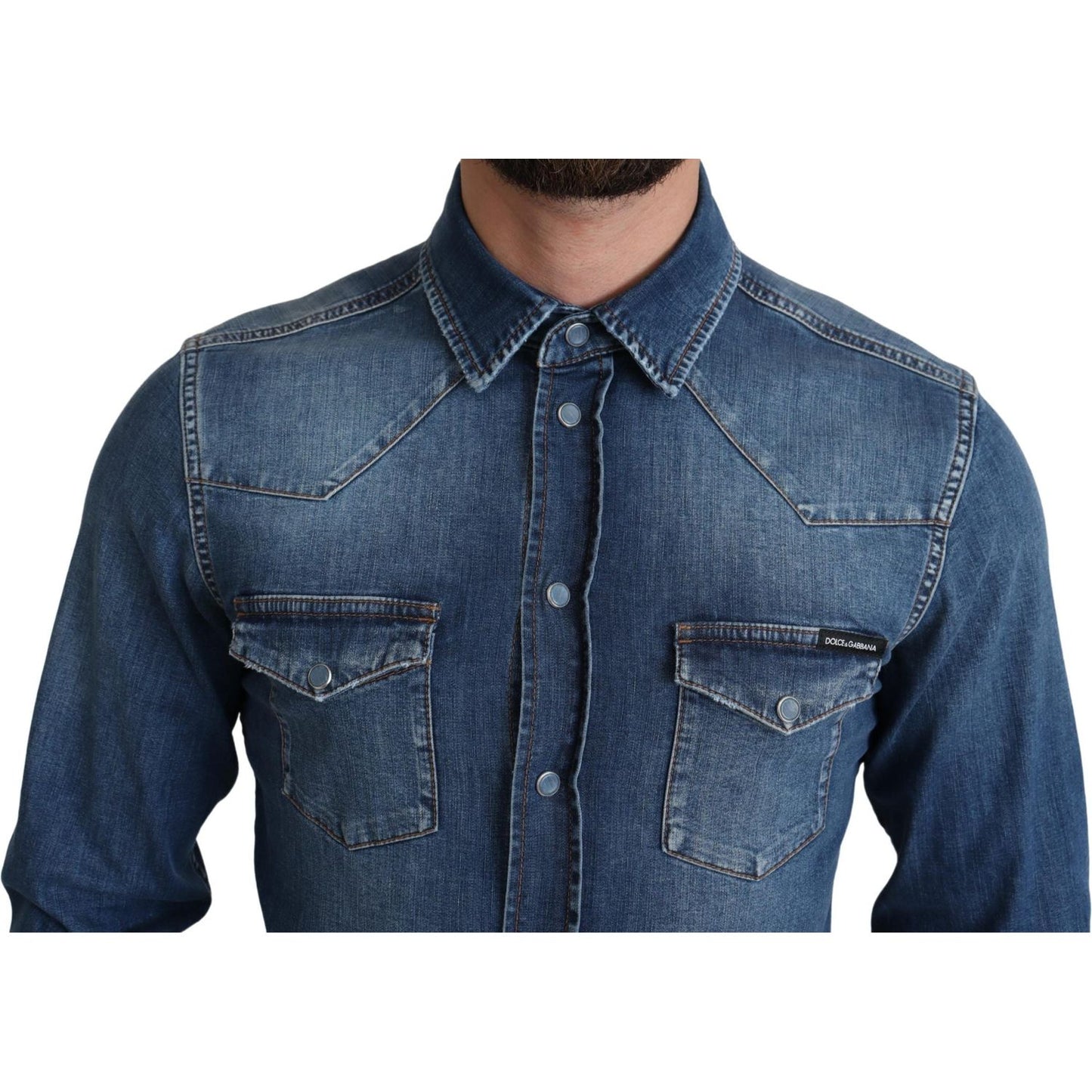 Dolce & Gabbana Blue Cotton Stretch Long Sleeves Denim Shirt TSH6194-38