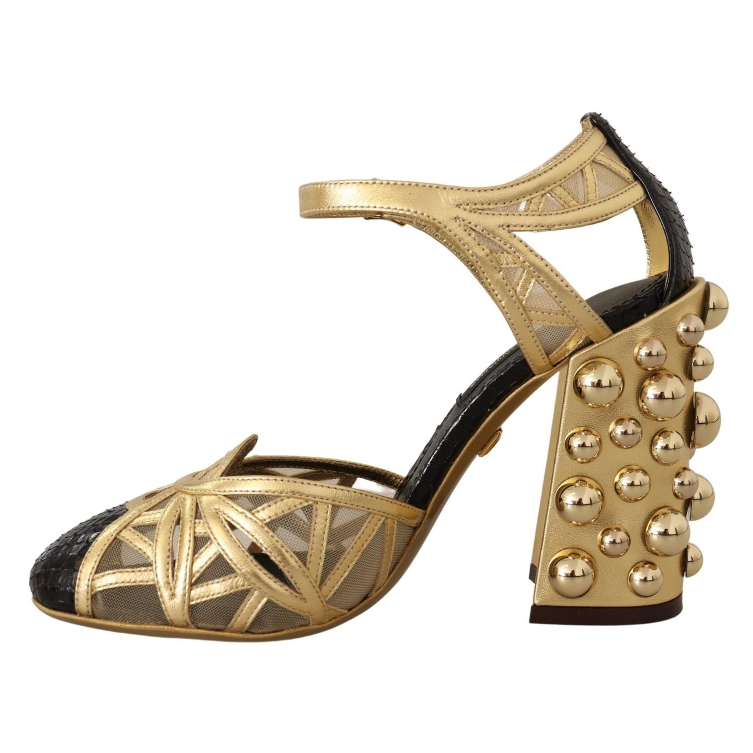 Dolce & Gabbana Black Gold Leather Studded Ankle Straps Shoes