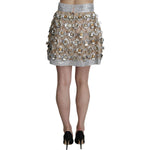 Dolce & Gabbana Silver Silk Crystal High Waist Mini Skirt SKI1200-42