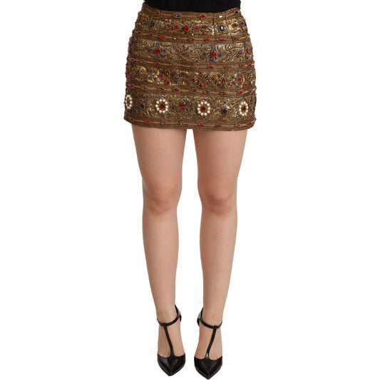 Dolce & Gabbana Gold Crystal Jacquard High Waist Skirt SKI1502 -38