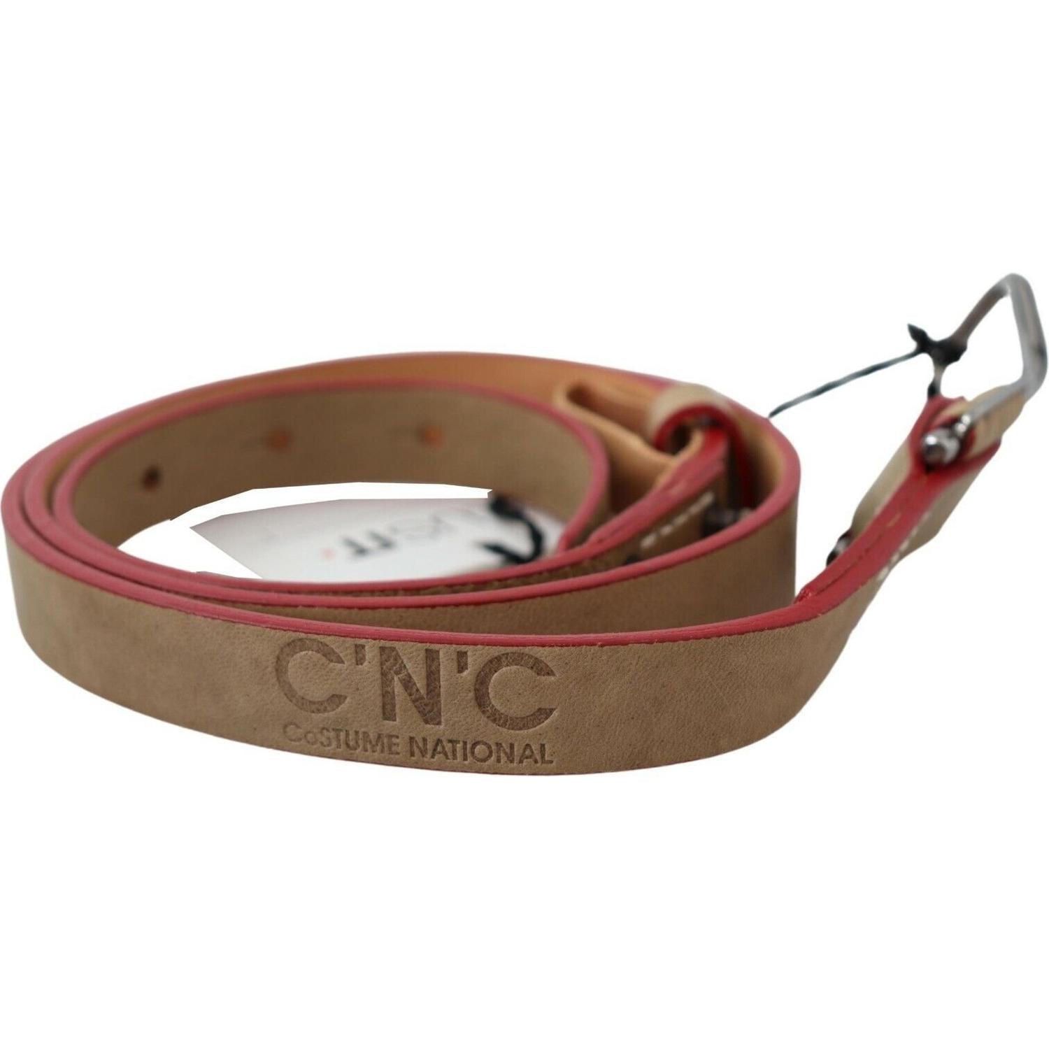 Costume National Beige Leather Silver Logo Buckle Waist Belt