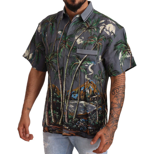Dolce & Gabbana Gray Linen Tropical Print Collared Shirt TSH6476 -40