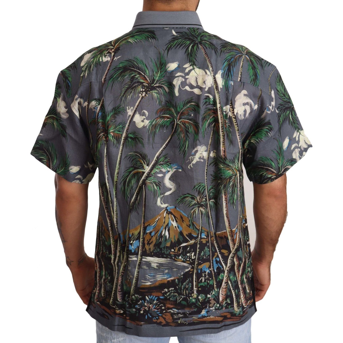 Dolce & Gabbana Gray Linen Tropical Print Collared Shirt TSH6476 -40