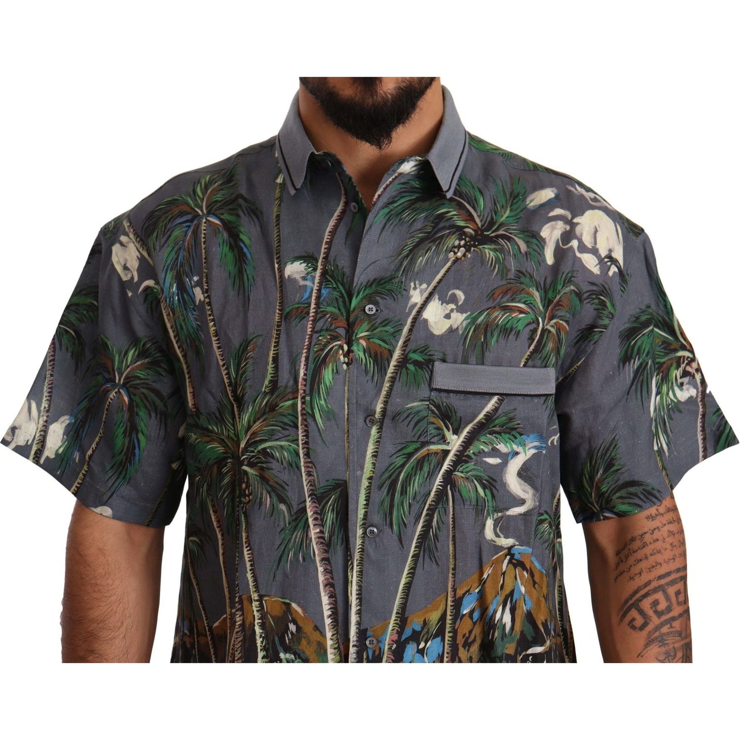 Dolce & Gabbana Gray Linen Tropical Print Collared Shirt TSH6476 -40