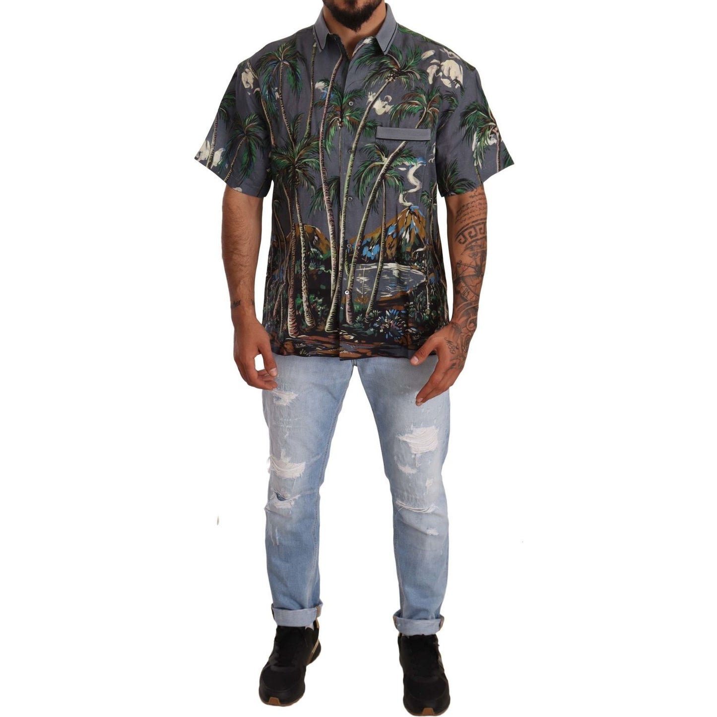 Dolce & Gabbana Gray Linen Tropical Print Collared Shirt TSH6476 -40