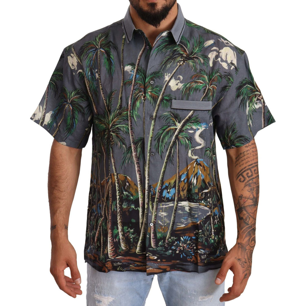 Dolce & Gabbana Gray Linen Tropical Print Collared Shirt TSH6476 -40