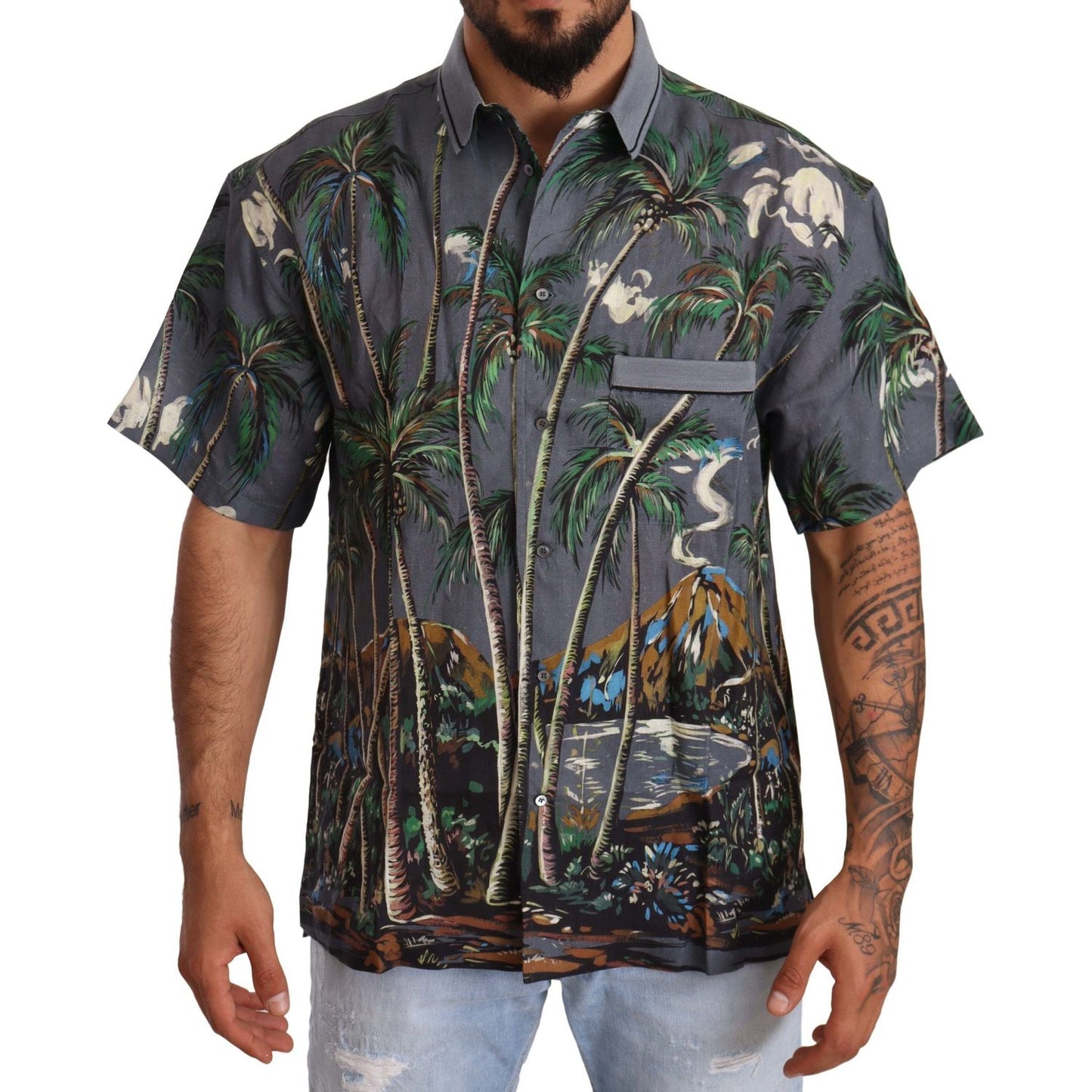 Dolce & Gabbana Gray Linen Tropical Print Collared Shirt TSH6476 -40