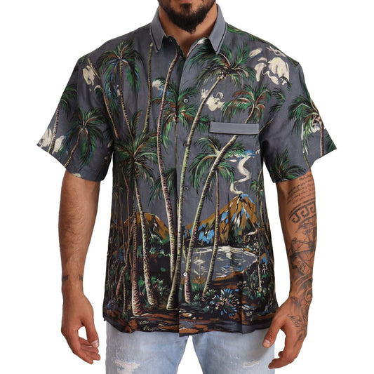 Dolce & Gabbana Gray Linen Tropical Print Collared Shirt TSH6476 -40
