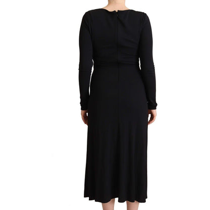PINKO Black Nylon Stretch Long Sleeves Deep V-neck Maxi Dress WOMAN DRESSES