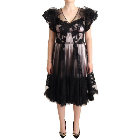 Dolce & Gabbana Black Pink Floral Lace A-line Midi Sheer Dress