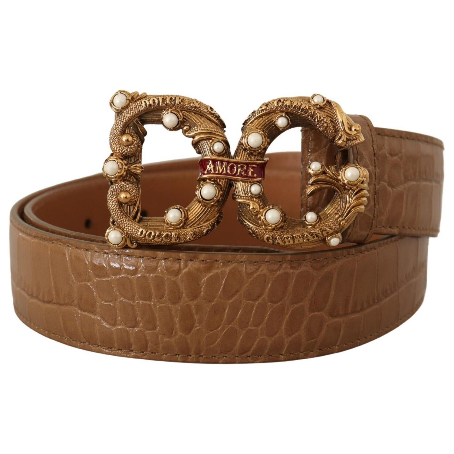 Dolce & Gabbana Brown Crocodile Pattern Leather Logo Amore  Belt