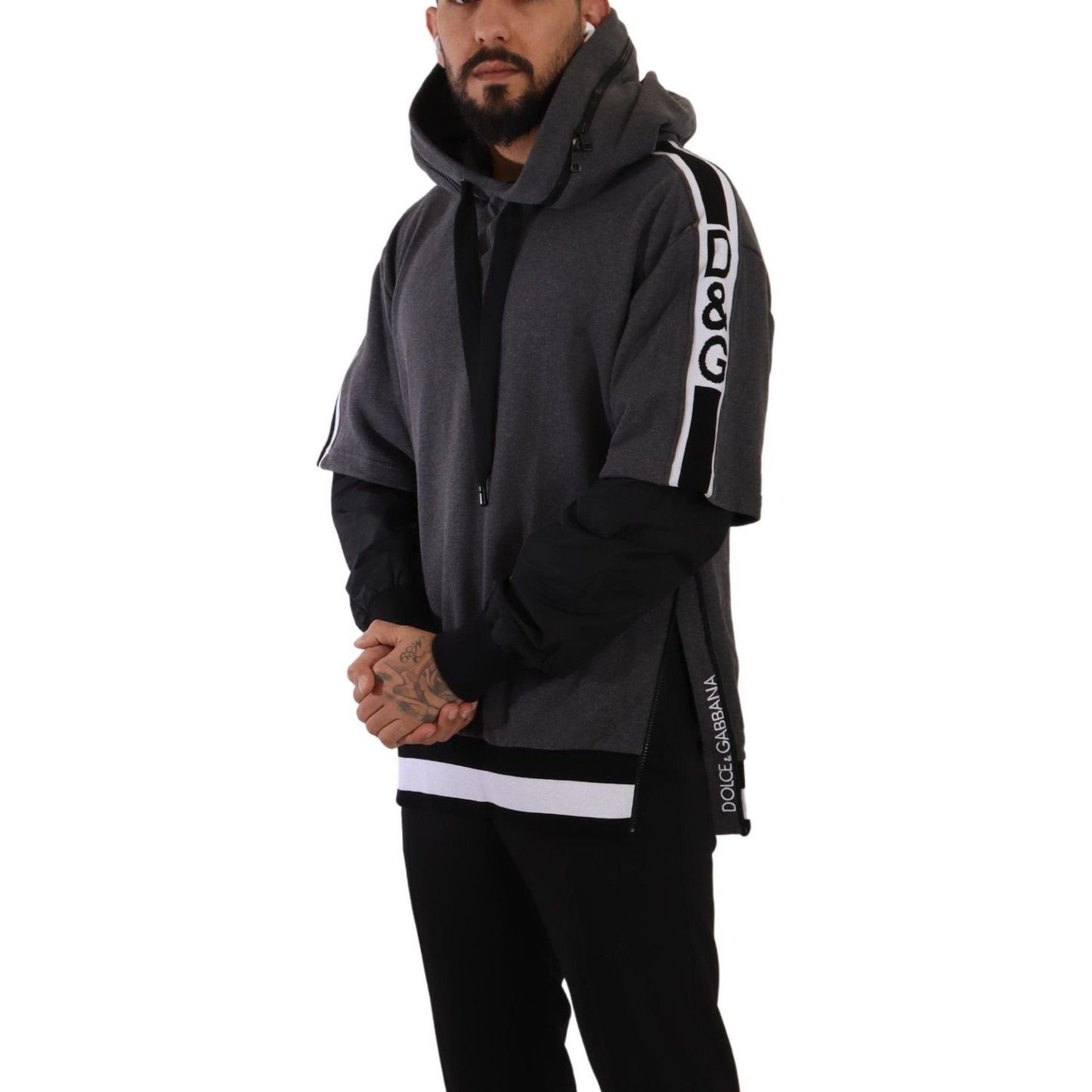 Dolce & Gabbana Gray Black Cotton Hooded #DGMILLENNIALS Sweater TSH7571- 46