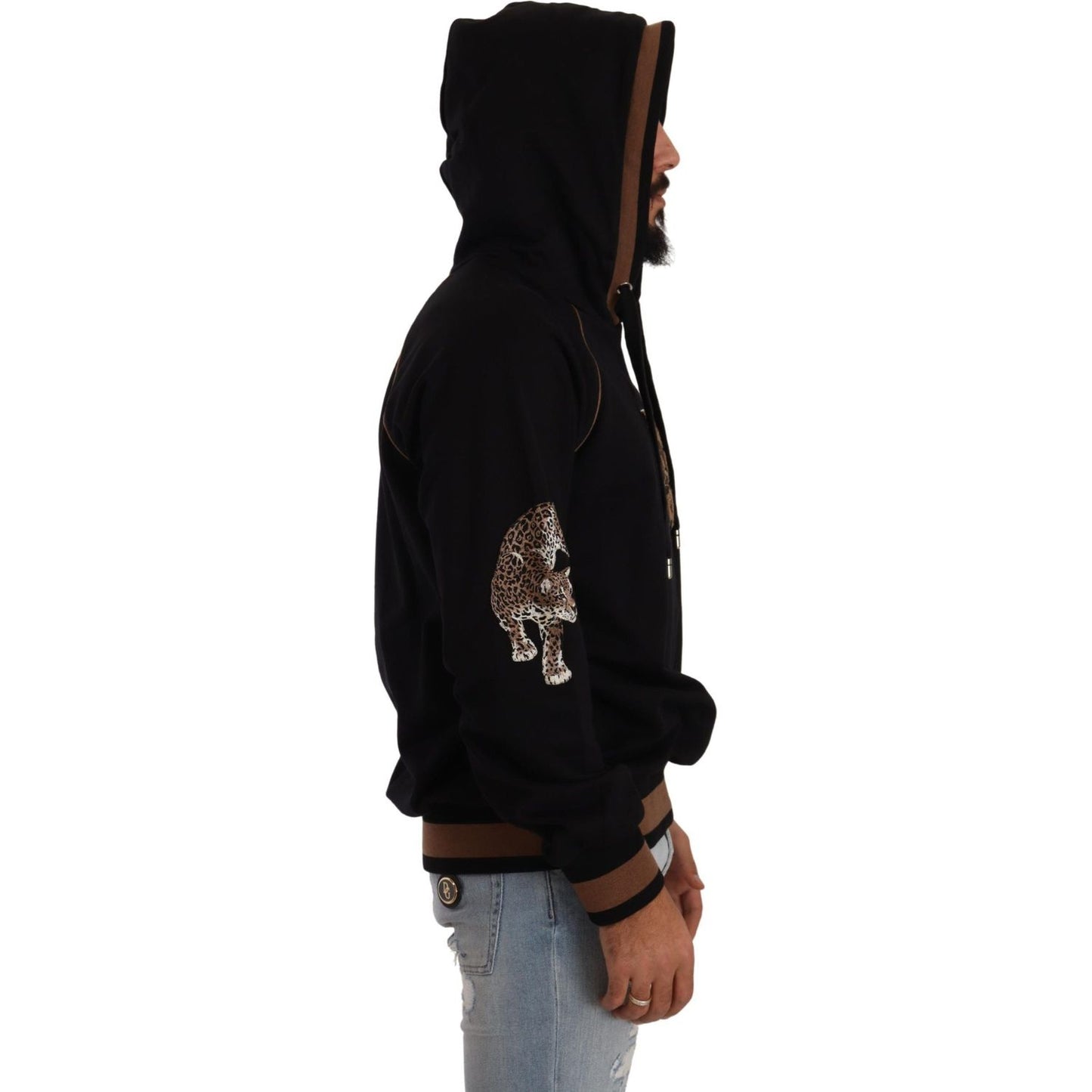 Dolce & Gabbana Black Brown Leopard Cotton Hooded Pullover Sweater TSH7572- 52