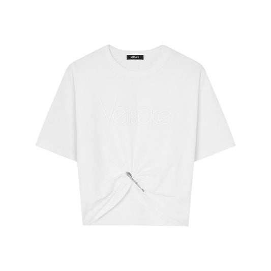 Versace logo-embroidered T-shirt in white 10188981A136101W000-P25