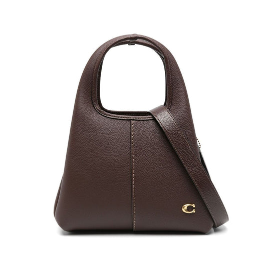 Coach Lana 25 leather crossbody bag in coffee brown with two top handles and adjustable strap.