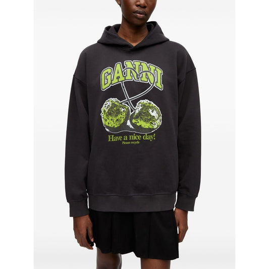 GANNI Sweaters Grey hoodie with cherries graphic, black classic hood, drop shoulder, long sleeves, organic cotton.
